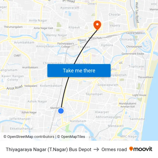 Thiyagaraya Nagar (T.Nagar) Bus Depot to Ormes road map