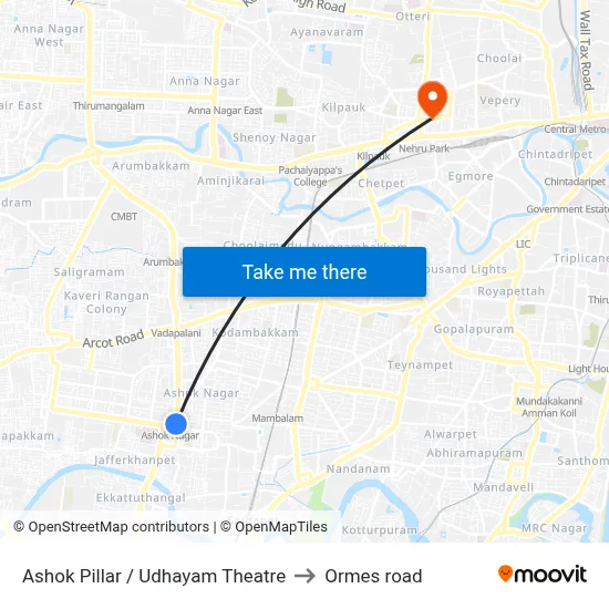 Ashok Pillar / Udhayam Theatre to Ormes road map