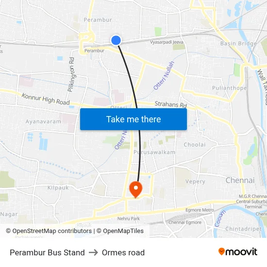 Perambur Bus Stand to Ormes road map