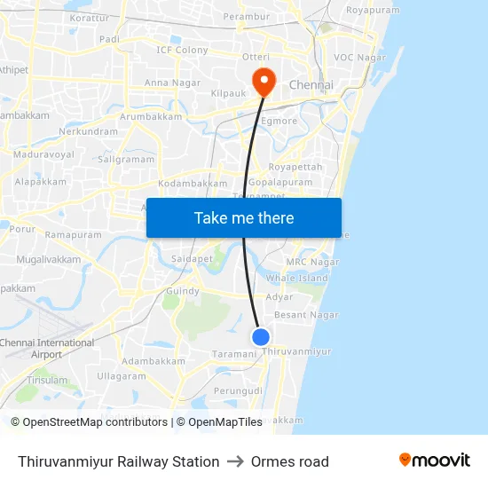 Thiruvanmiyur Railway Station to Ormes road map