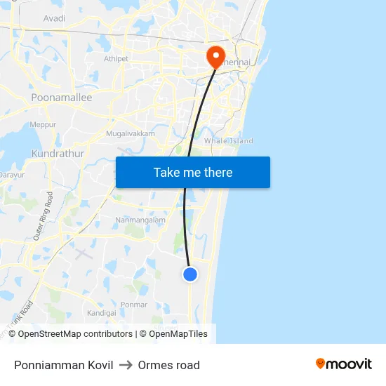Ponniamman Kovil to Ormes road map