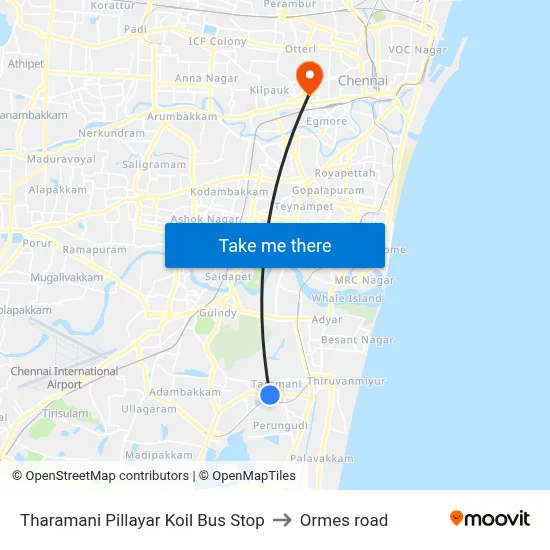 Tharamani Pillayar Koil Bus Stop to Ormes road map