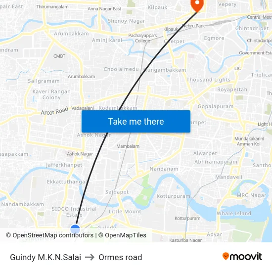 Guindy M.K.N.Salai to Ormes road map