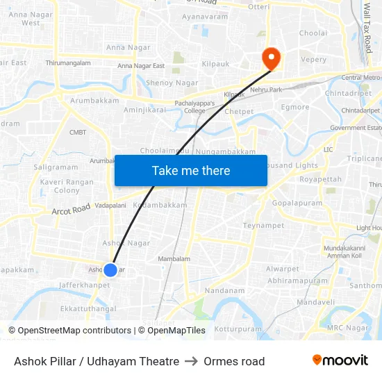 Ashok Pillar / Udhayam Theatre to Ormes road map