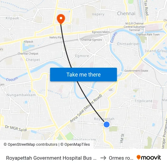 Royapettah Government Hospital Bus Stop to Ormes road map
