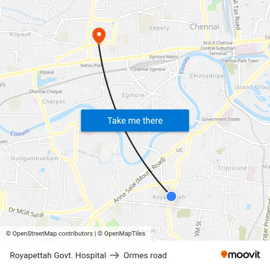 Royapettah Govt. Hospital to Ormes road map
