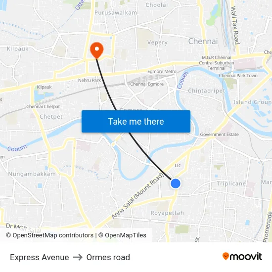 Express Avenue to Ormes road map