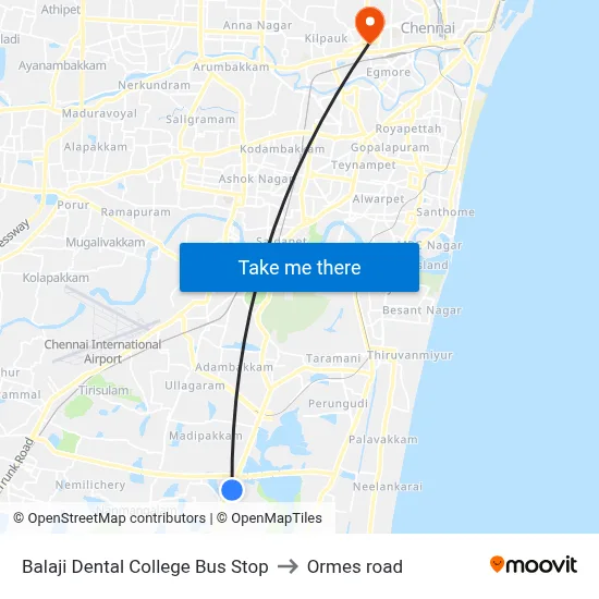 Balaji Dental College Bus Stop to Ormes road map