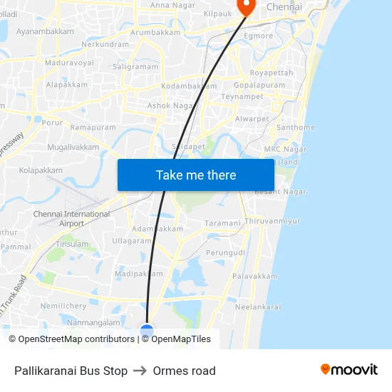 Pallikaranai Bus Stop to Ormes road map