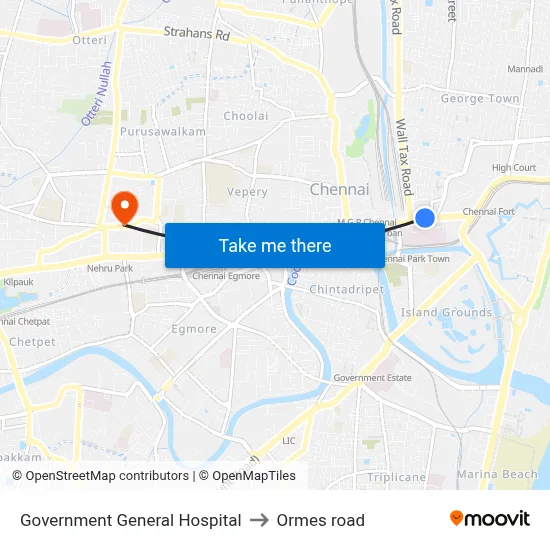 Government General Hospital to Ormes road map