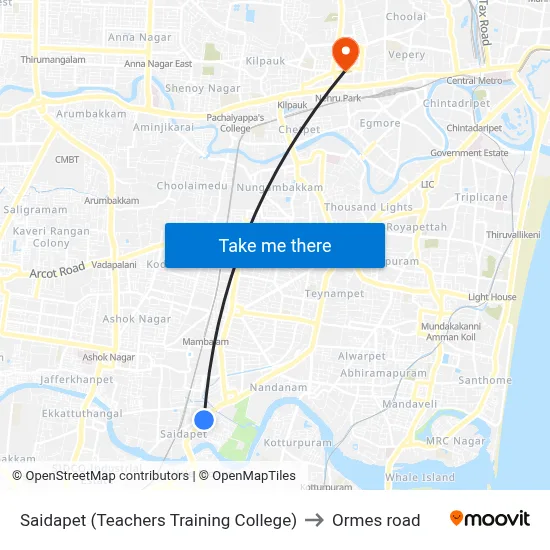 Saidapet (Teachers Training College) to Ormes road map