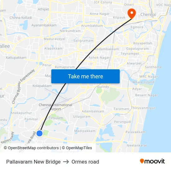 Pallavaram New Bridge to Ormes road map