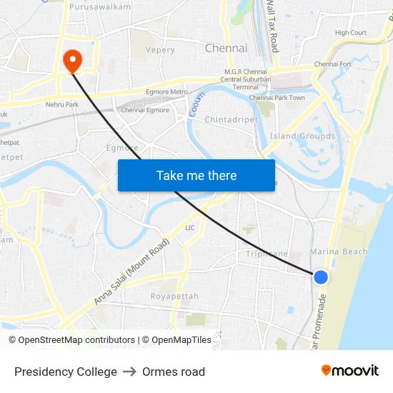 Presidency College to Ormes road map