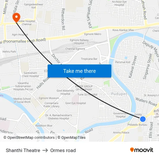 Shanthi Theatre to Ormes road map