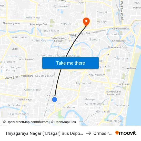 Thiyagaraya Nagar (T.Nagar) Bus Depot Corner to Ormes road map
