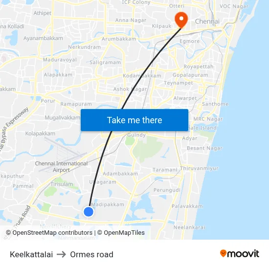 Keelkattalai to Ormes road map