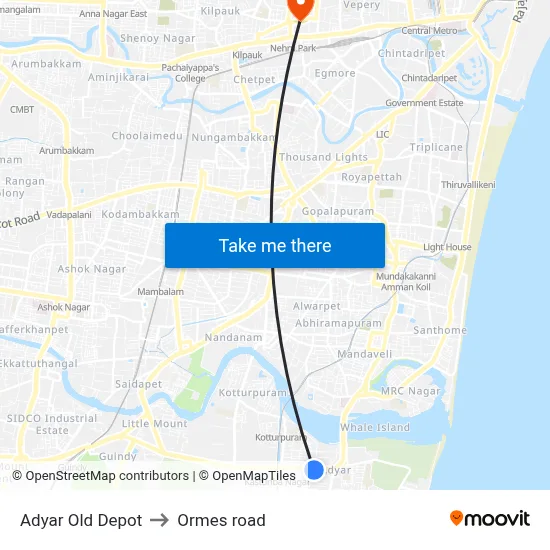 Adyar Old Depot to Ormes road map