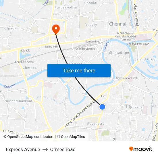 Express Avenue to Ormes road map