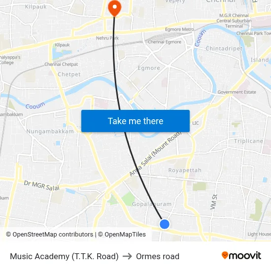Music Academy (T.T.K. Road) to Ormes road map