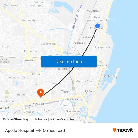 Apollo Hospital to Ormes road map