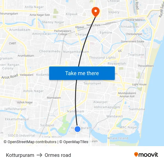 Kotturpuram to Ormes road map