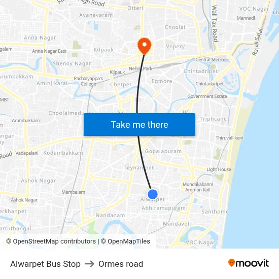 Alwarpet Bus Stop to Ormes road map