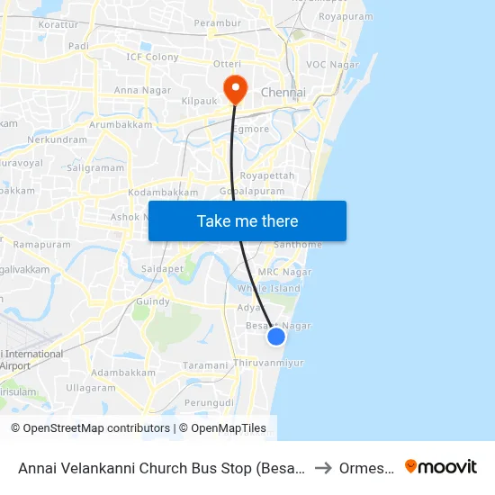 Annai Velankanni Church Bus Stop (Besant Nagar Chruch) to Ormes road map