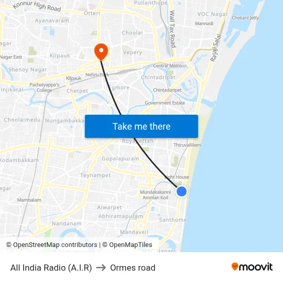 All India Radio (A.I.R) to Ormes road map