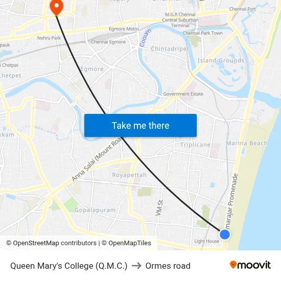 Queen Mary's College (Q.M.C.) to Ormes road map