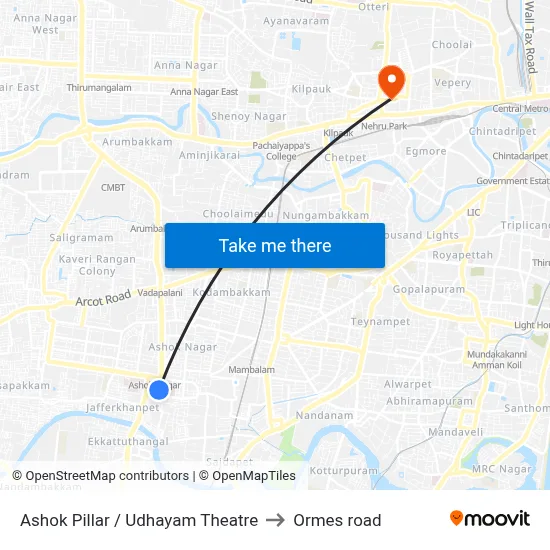 Ashok Pillar / Udhayam Theatre to Ormes road map