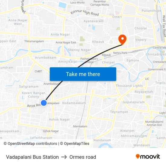 Vadapalani Bus Station to Ormes road map