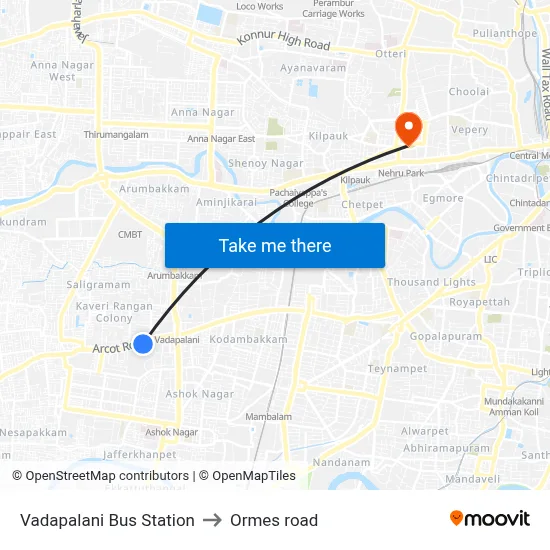 Vadapalani Bus Station to Ormes road map