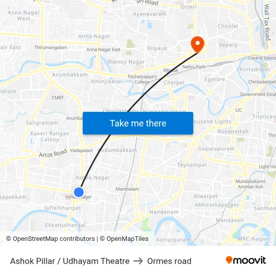Ashok Pillar / Udhayam Theatre to Ormes road map