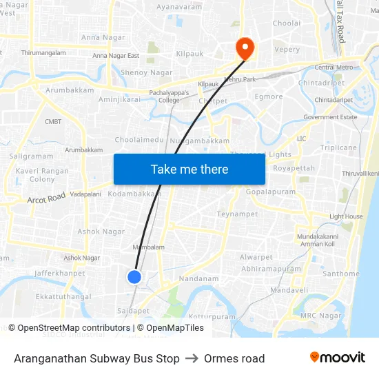 Aranganathan Subway Bus Stop to Ormes road map