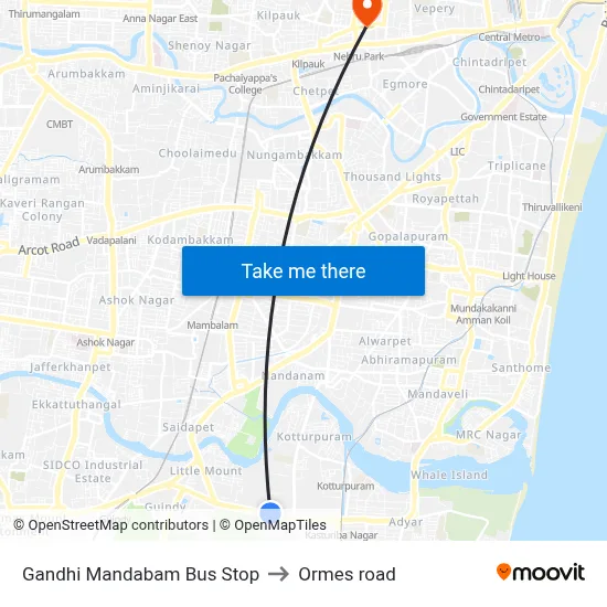Gandhi Mandabam Bus Stop to Ormes road map