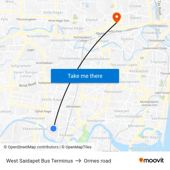 West Saidapet Bus Terminus to Ormes road map