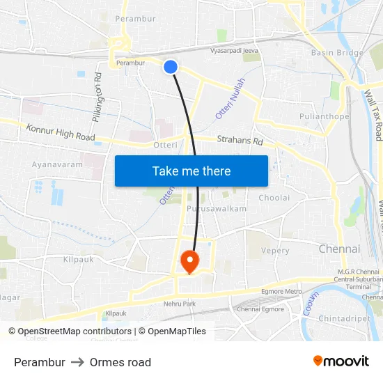 Perambur to Ormes road map