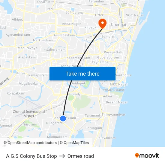A.G.S Colony Bus Stop to Ormes road map