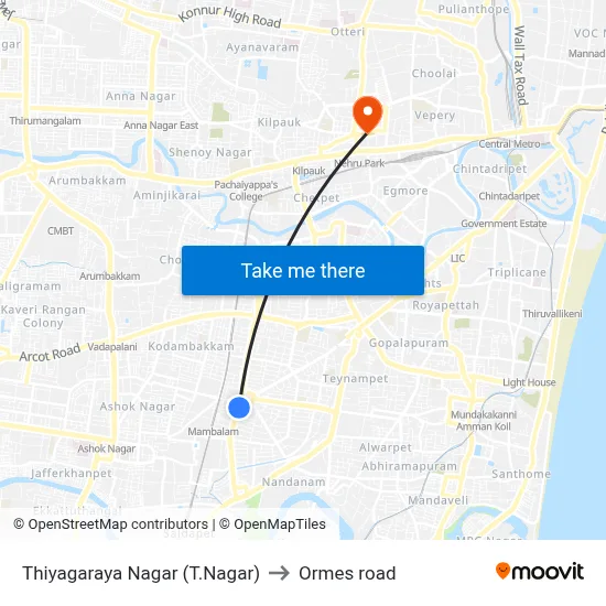 Thiyagaraya Nagar (T.Nagar) to Ormes road map