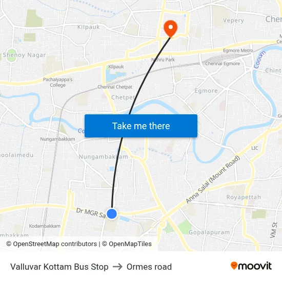 Valluvar Kottam Bus Stop to Ormes road map