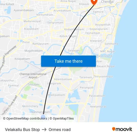 Velakallu Bus Stop to Ormes road map