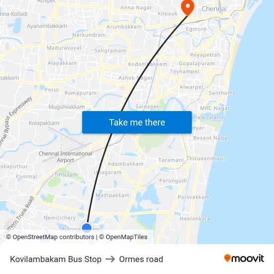 Kovilambakam Bus Stop to Ormes road map