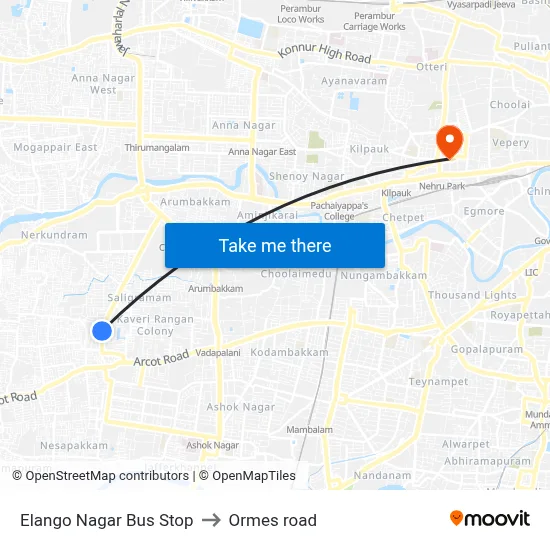 Elango Nagar Bus Stop to Ormes road map