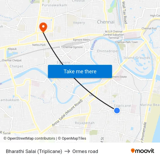 Bharathi Salai (Triplicane) to Ormes road map