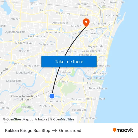 Kakkan Bridge Bus Stop to Ormes road map