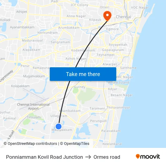 Ponniamman Kovil Road Junction to Ormes road map