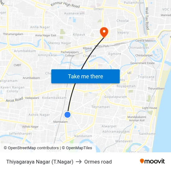 Thiyagaraya Nagar (T.Nagar) to Ormes road map