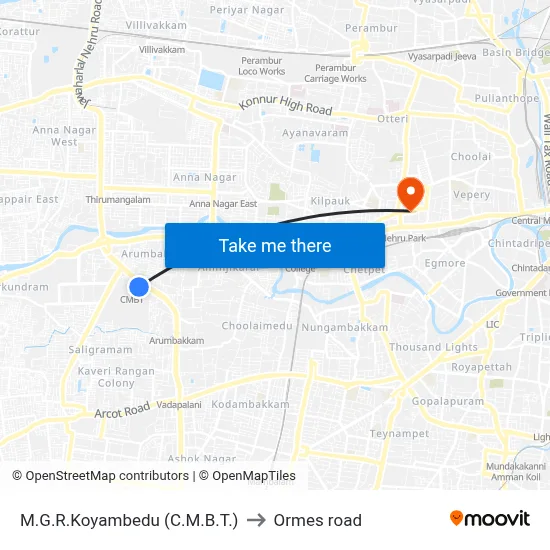 M.G.R.Koyambedu (C.M.B.T.) to Ormes road map