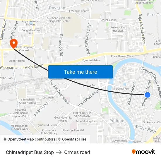 Chintadripet Bus Stop to Ormes road map