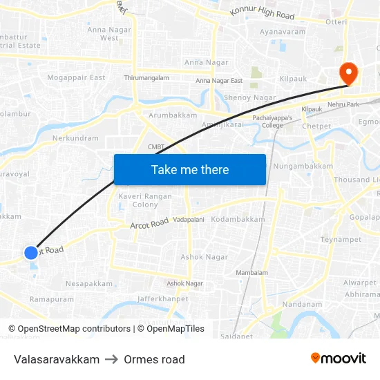 Valasaravakkam to Ormes road map